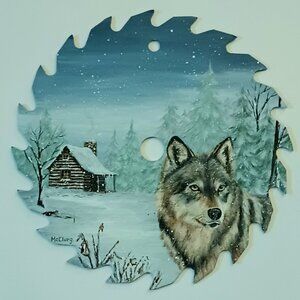Custom Hand-Painted Round Saw Blade Art by Terri McClurg (Wolf Scene in Winter)